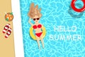 Summer, lady wearing red bikini have a sunbath on swimming pool, seasonal holiday vacation, relax time background vector