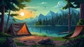 Summer lake camp with tent and hammock at sunset illustration AI Generated Royalty Free Stock Photo