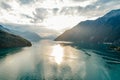 Swiss Mountain Lake nature Drone aerial photo panorama Royalty Free Stock Photo