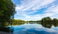 Summer lake landscape with green trees and bush, Woking, Surrey