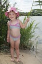 Summer on the lake near the reeds little girl in panama hat. Royalty Free Stock Photo