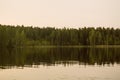 In summer, on the lake, trees on the shore reflected in the water. Royalty Free Stock Photo