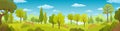 Summer trees, bush, grass, sky, clouds. Background with green plants. Forest. Country landscape. Nature