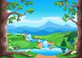 Fairy tale summer landscape with forest, waterfall, valley Royalty Free Stock Photo