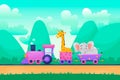 Summer landscape background with funny cartoon animals characters riding railway