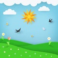 Summer Landscape Background With Green Field With Flowers And Blue Sky With Butterflies, Birds, Clouds And Sun.