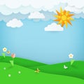 Summer landscape background with green field with flowers and butterflies. Blue sky with clouds and sun. Royalty Free Stock Photo