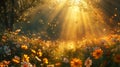 a summer landscape bathed in golden sunlight, where fields of wildflowers