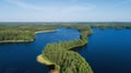 Summer Landscape of beautiful lakes and forest. Aerial drone flight over wonder of the nature. Liesjarvi lake at morning in Finlan Royalty Free Stock Photo