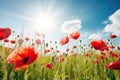 Summer landscape of beautiful red poppy flowers in meadow on blue sky background. Generative ai Royalty Free Stock Photo