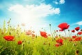 Summer landscape of beautiful red poppy flowers in meadow on blue sky background. Generative ai Royalty Free Stock Photo