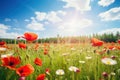 Summer landscape of beautiful red poppy flowers in meadow on blue sky background. Generative ai Royalty Free Stock Photo