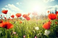 Summer landscape of beautiful red poppy flowers in meadow on blue sky background. Generative ai Royalty Free Stock Photo