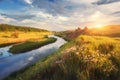 Summer landscape in the beautiful steppe at sunset