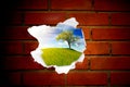 Summer landscape behind red brick wall hole Royalty Free Stock Photo