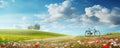 Summer landscape with bicycle and meadows full of flowers. Holiday sunshine banner