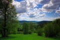 Summer landscape with blue sky with white clouds. Green meadow with tree, Bile Karpaty, Czech Republic.