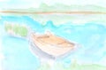 Summer landscape, boat, summer, recreation. Watercolor, art decoration, sketch. Illustration hand drawn modern