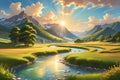 Summer Landscape Captures the Warmth of the Season, Golden Sunlight Bathing a Lazy River Winding Through Nature