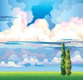 Summer landscape with clouds. two cypress and meadow