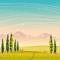 Summer landscape - cypress, mountains, field, flowers. Night sky