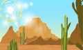 Summer landscape. Desert with cacti, scorching sun.