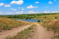 Summer landscape with dirt road to the lake and blue sky with white clouds Royalty Free Stock Photo
