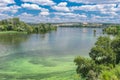 Summer landscape with Dnepr river covered with cyanobacterias