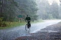 Summer landscape - an elderly cyclist riding a country road in the pouring rain