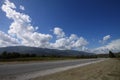 Summer landscape with empty road, trees and blue sky.. Rural road, cornfield, wood and cloudy blue sky. Royalty Free Stock Photo