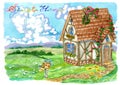 Summer landscape with fachwerk cottage, post box, green field, sky with clouds and lettering