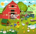 landscape with a farm. A farmer with a pitchfork loads hay into a wheelbarrow. Domestic animals such as cow and pig, geese