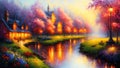Summer landscape flowers and trees near river, idyllic view at sunset, oil painting style illustration