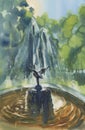 Summer landscape with a fountain in the park watercolor background
