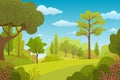 Summer rural landscape with trees and leaves. Background with forest. Bright natural banner with plants. Vector flat design. Nat