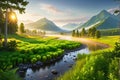 Summer Landscape, Golden Hour Lighting, Sun Kissing the Tips of a Lush Green Forest, a Meandering River Below