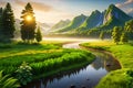 Summer Landscape, Golden Hour Lighting, Sun Kissing the Tips of a Lush Green Forest, a Meandering River Below