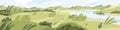 Summer landscape with grass and water. Rural nature panorama with river, green field and sky horizon. Countryside scene Royalty Free Stock Photo