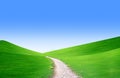 Summer landscape with green grass, road and clouds