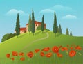 Summer Landscape with a green hill, old houses, cypress trees and poppy flowers.