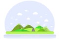 Summer landscape. Green hills, blue sky, white clouds, green trees, grey highway. Flat design