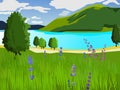 Summer landscape. Green lawn with flowers and trees. Lake and mountains. Clear weather. Royalty Free Stock Photo