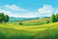 Summer landscape with green meadow, forest and blue sky. Vector illustration Royalty Free Stock Photo