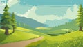 Summer landscape with green meadows and mountains. Vector illustration Royalty Free Stock Photo