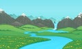 Summer landscape with green meadows, river and snow covered mountains with waterfall. Cartoon illustration, card, country