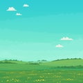 Summer landscape with green meadows with wildflowers and trees with bright blue sky and clouds. Royalty Free Stock Photo