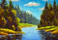 Summer landscape hand painted fine art illustration Blue river sea lake
