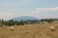 Summer landscape with hay bales and Subasio mountain in the background, Umbria