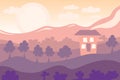 Summer landscape, hills with a house on the background of the sunset Royalty Free Stock Photo