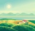 Summer landscape with hills, and village standing on a hill. Royalty Free Stock Photo